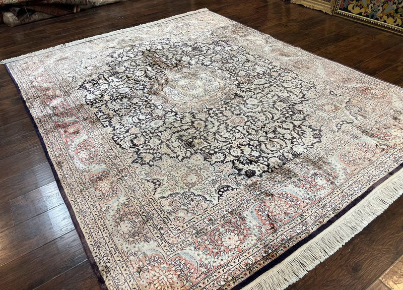 Silk Indian Kashmiri Rug 8x10, Floral Medallion, Indo Persian Carpet, Handmade Vintage Silk Rug by Jewel Rugs