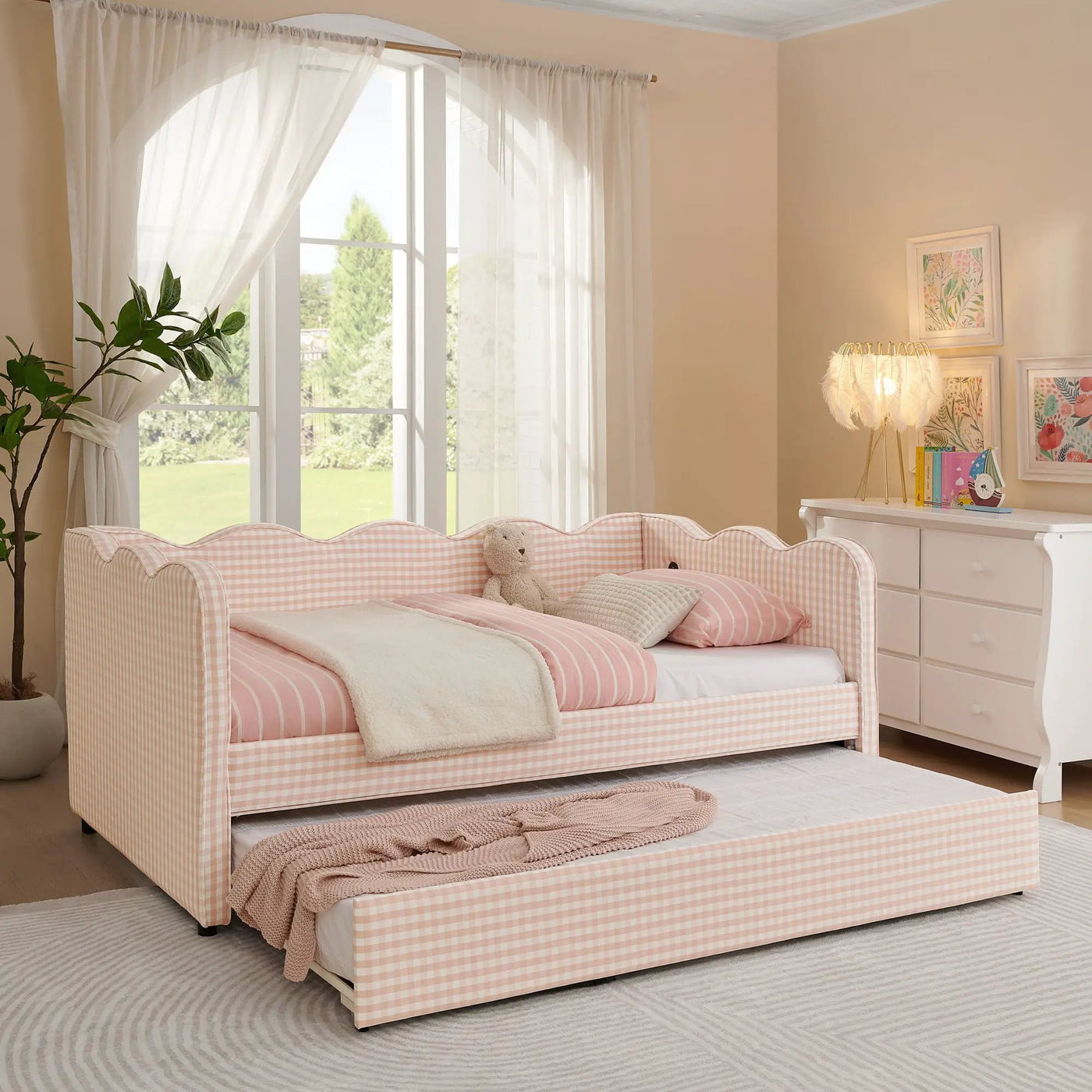 Gingham Daybed With USB Charging Port, Wave Shaped Design by HouseOfZazla