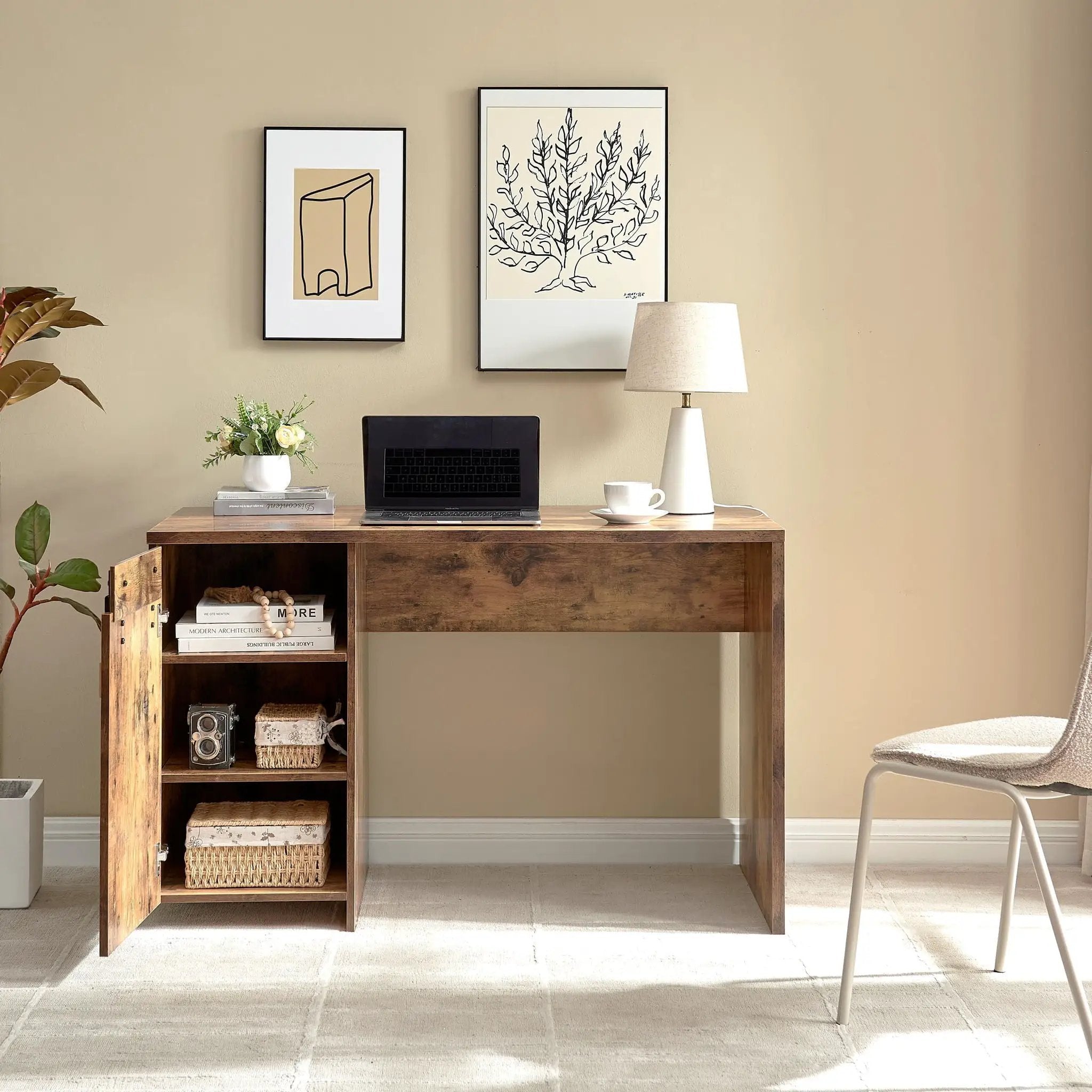 Home Office Desk One Cabinet Three Shelves Faux Barn Door On Metal Euro Hinges Modesty Panel - Distressed Wood by Unique Piece Furniture