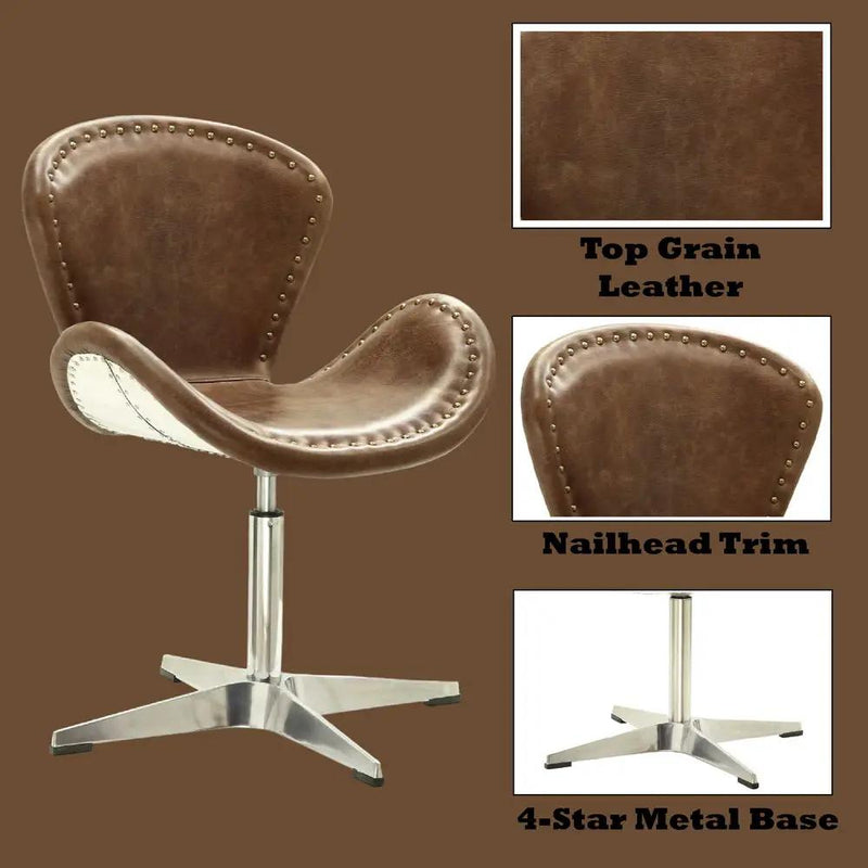 Brancaster - 33" Accent Chair With Swivel - Retro Brown Top Grain Leather & Aluminum by Unique Piece Furniture