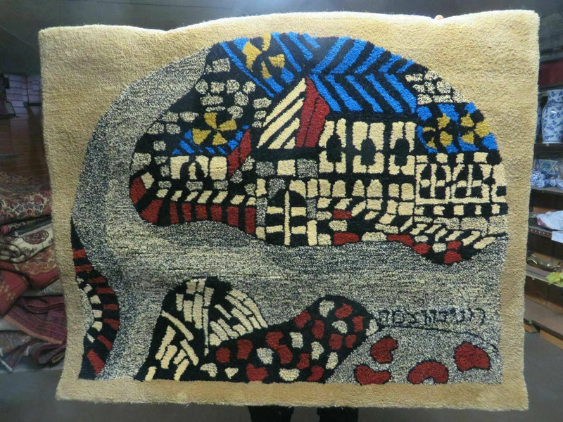 3' X 4' Vintage Hand Crafted Israel Wool Rug Carpet Wall Hanging Signed Hebrew by Jewel Rugs