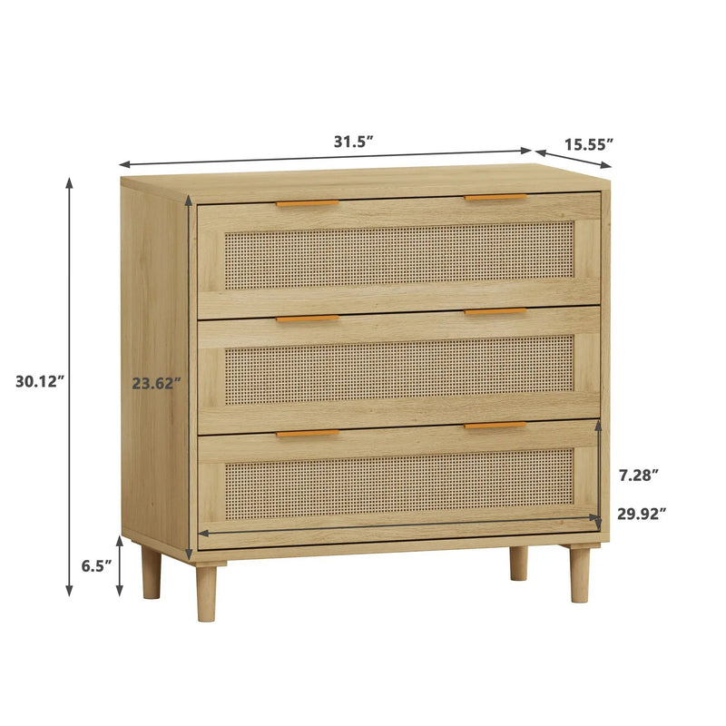 3 Drawers Rattan Storage Cabinet Rattan Drawer, For Bedroom, Living Room, Dining Room, Hallways (Set of 2) - Oak by Unique Piece Furniture