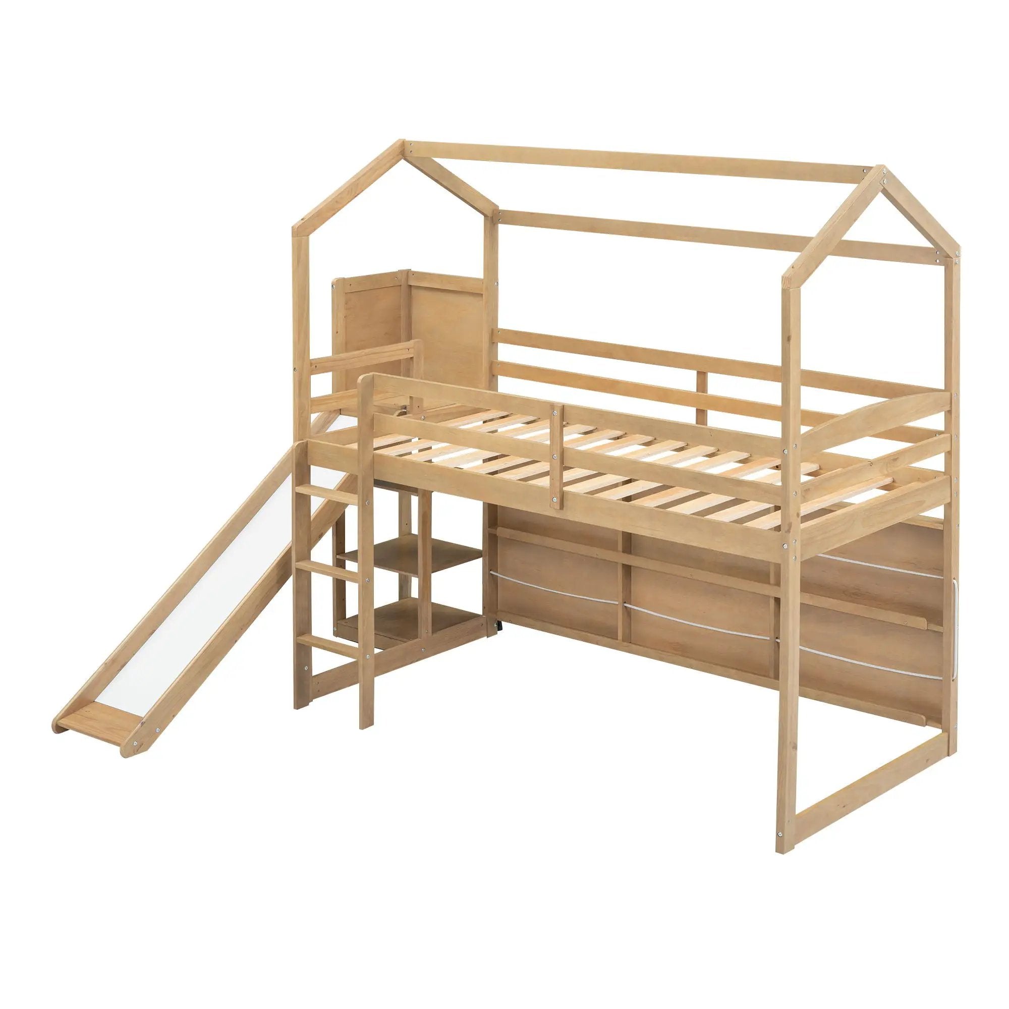 House Loft Bed With Slide, Storage Shelves And Light, Climbing Ramp by Unique Piece Furniture