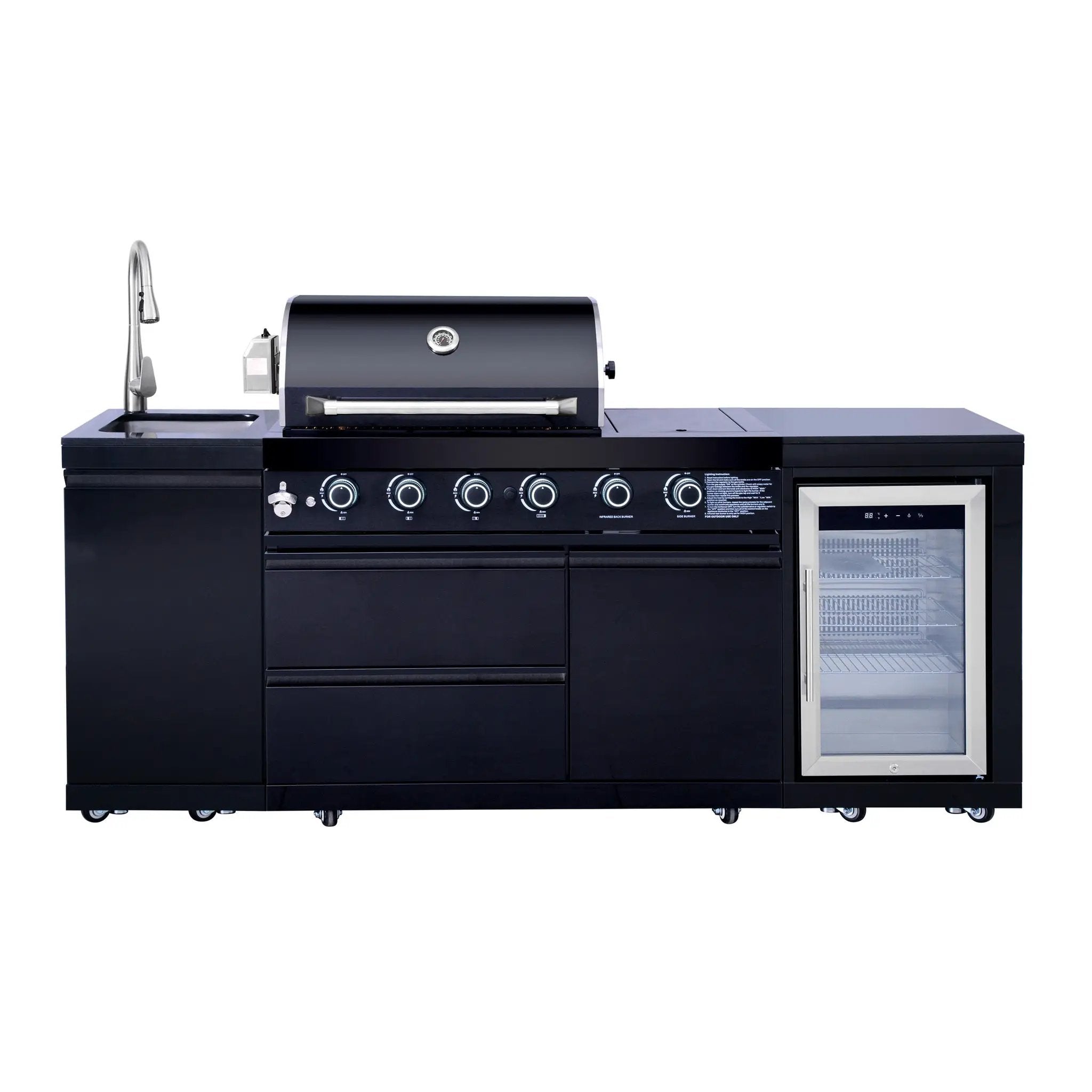 85.2" 4+1 Burner 71,500 BTU Black Outdoor Kitchen Island Grill+ Sink + Refrigerator by Chery Industrial