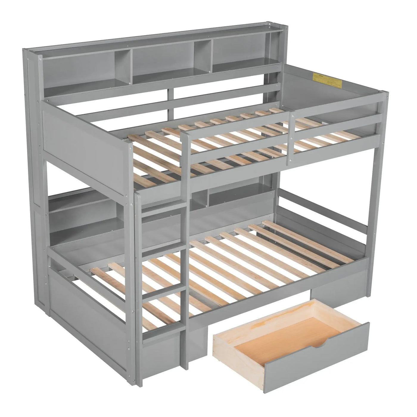 Twin Size Bunk Bed With Built-In Shelves Beside Both Upper And Down Bed And Storage Drawer by HouseOfZazla
