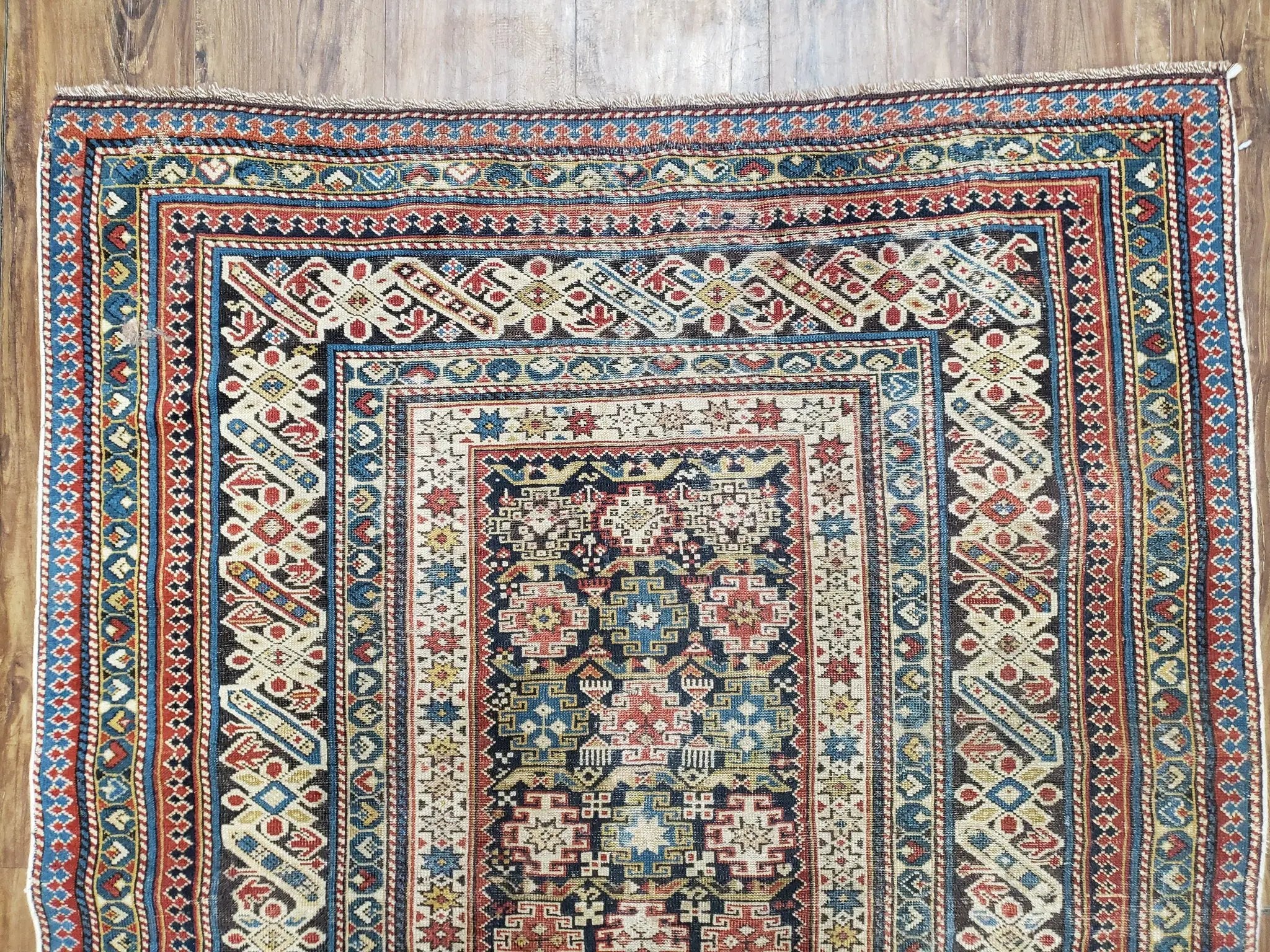 Caucasian Rug 3'9" x 5'7", Antique 1920s Collectible Caucasian Chi Chi Carpet, Hand Knotted, Colorful, Dark Blue Cream Red, Wool, Small Rug by Jewel Rugs