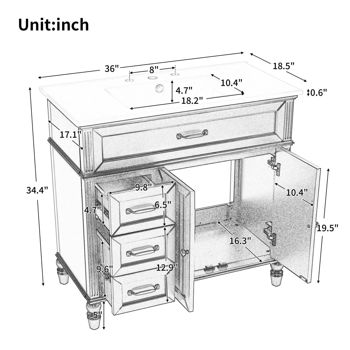 Bathroom Vanity With Sink, 2 Doors 2 Drawers, Freestanding Design by HouseOfZazla