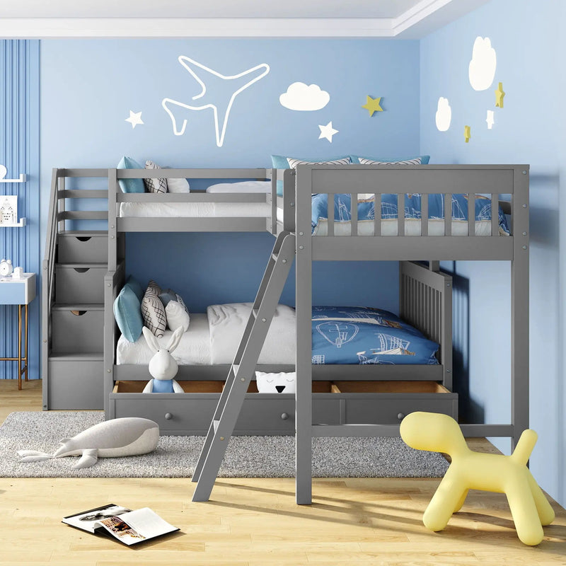 Solid L Shaped Bunk Bed With 3 Drawers, Ladder And Staircase by Unique Piece Furniture