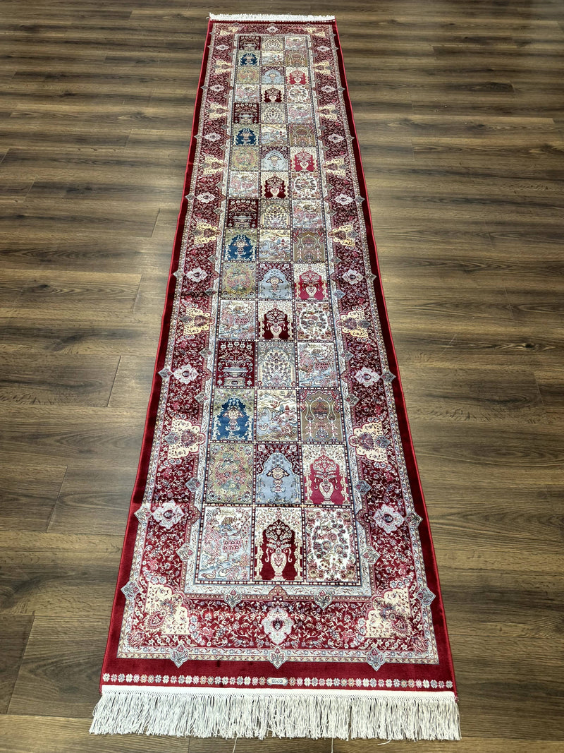 Turkish Silk Runner Rug 2.6 x 11.6, Panel Design, Dark Red Ivory, Bamboo Silk, New by Jewel Rugs