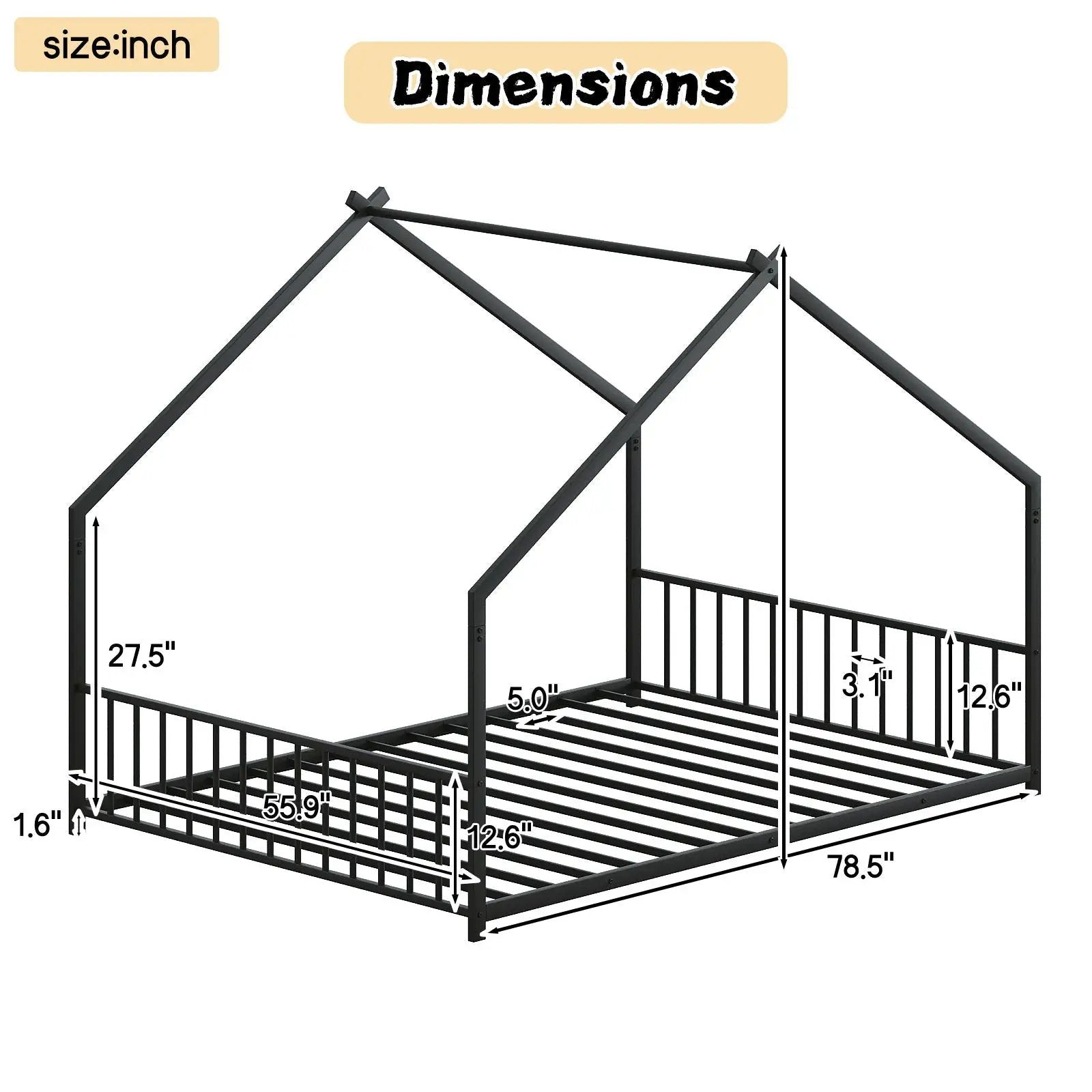 Full Size Rooftop Bed Frame LED Lights For Kids - Black by HouseOfZazla