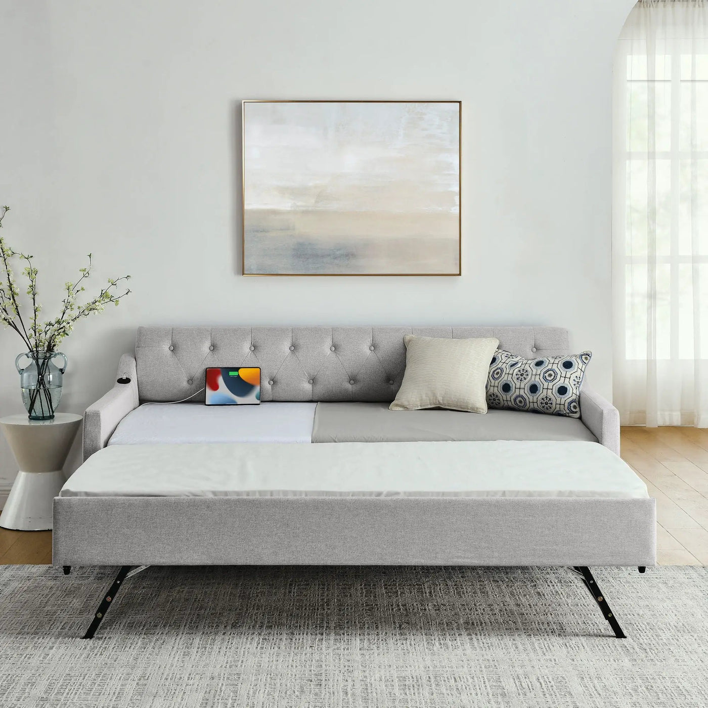 Size Upholstered Daybed With Trundle And USB Charging Armrest by Unique Piece Furniture