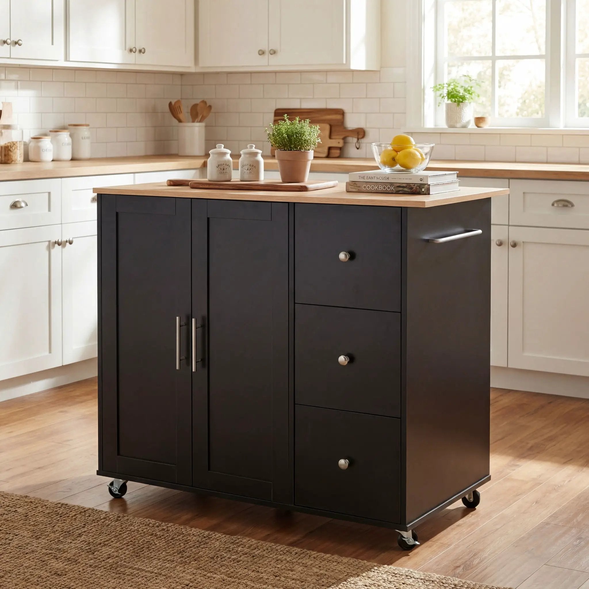 Mobile Kitchen Cart With Storage With 2 Doors, 3 Drawers & Adjustable Shelf - Black / Natural by HouseOfZazla