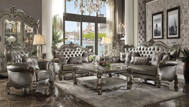 Versailles - Sofa With 6 Pillows - Silver Synthetic Leather & Antique Platinum by Unique Piece Furniture