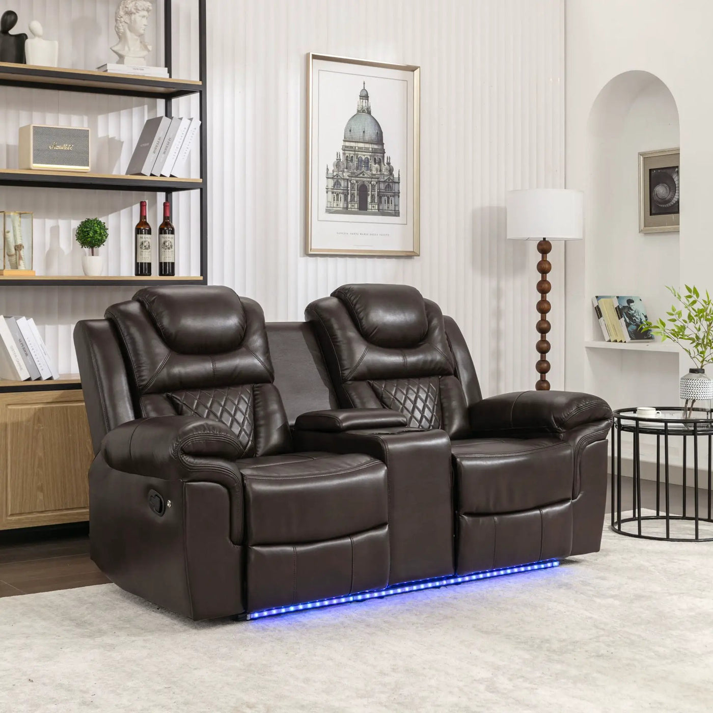 Home Theater Seating Manual Recliner Loveseat With Hide-Away Storage, Cup Holders And Led Light Strip For Living Room by HouseOfZazla