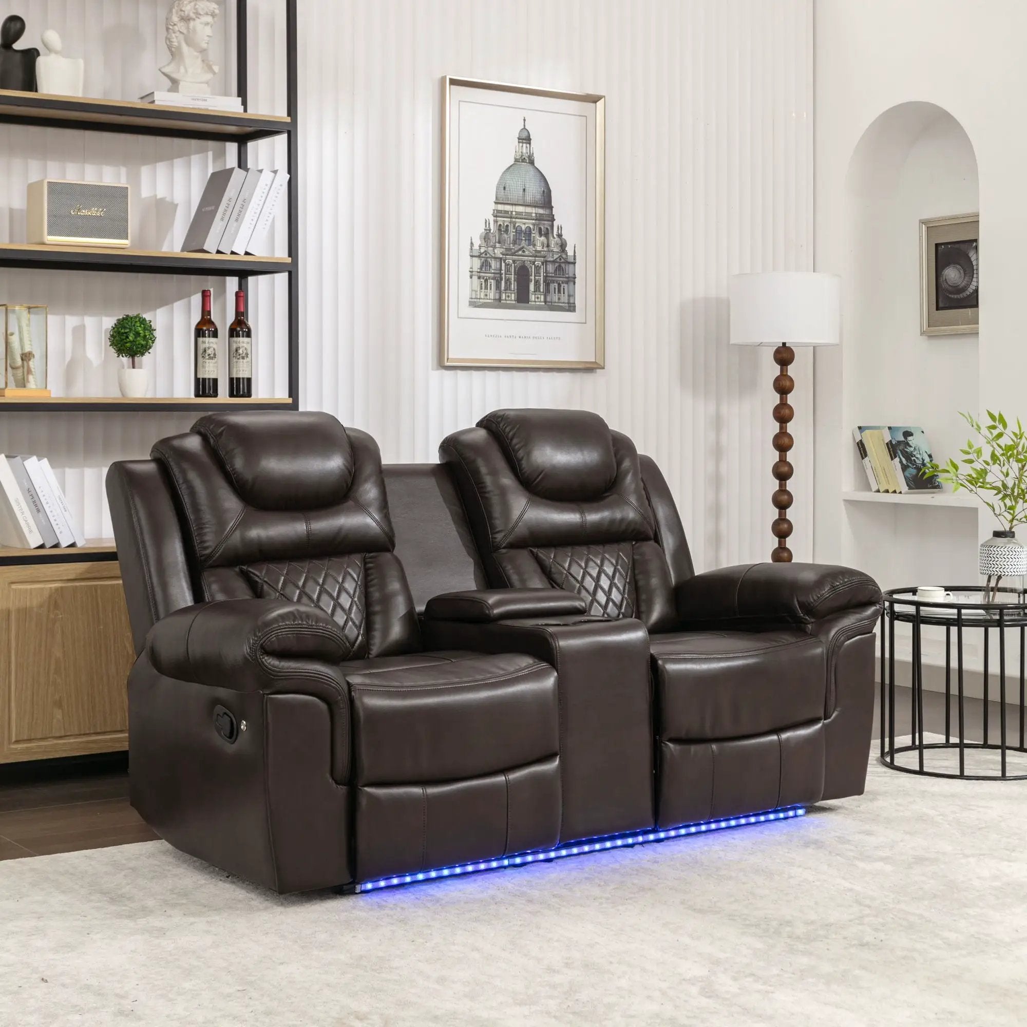Home Theater Seating Manual Recliner Loveseat With Hide-Away Storage, Cup Holders And Led Light Strip For Living Room by HouseOfZazla