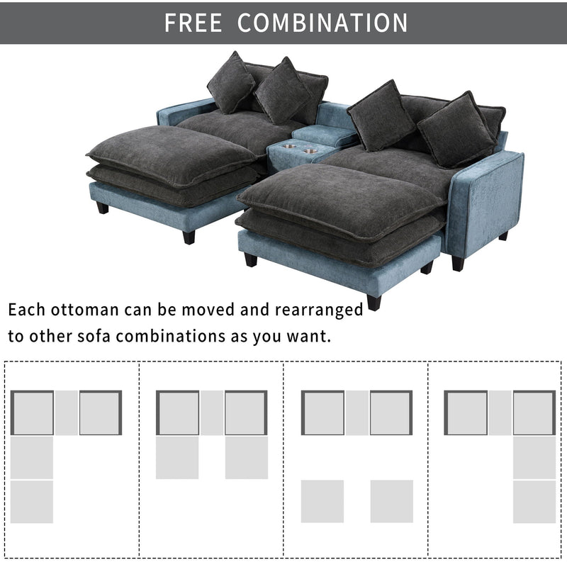 Sectional Sofa With Removable Ottomans, USB Ports, Cup Holders & Storage - Gray / Light Blue by HouseOfZazla