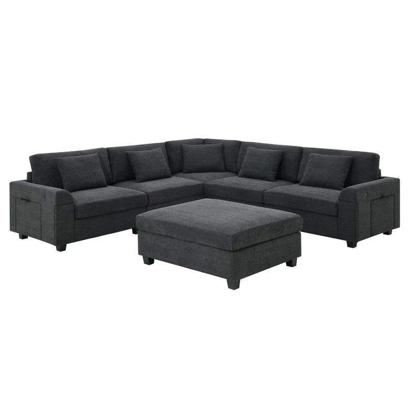U Shaped Sectional Sofa 6 Seat Couch Set With Oversized Ottoman, Hidden Armrest Storage And Cup Holders USB Charging Ports Wide Seat Sofa by HouseOfZazla