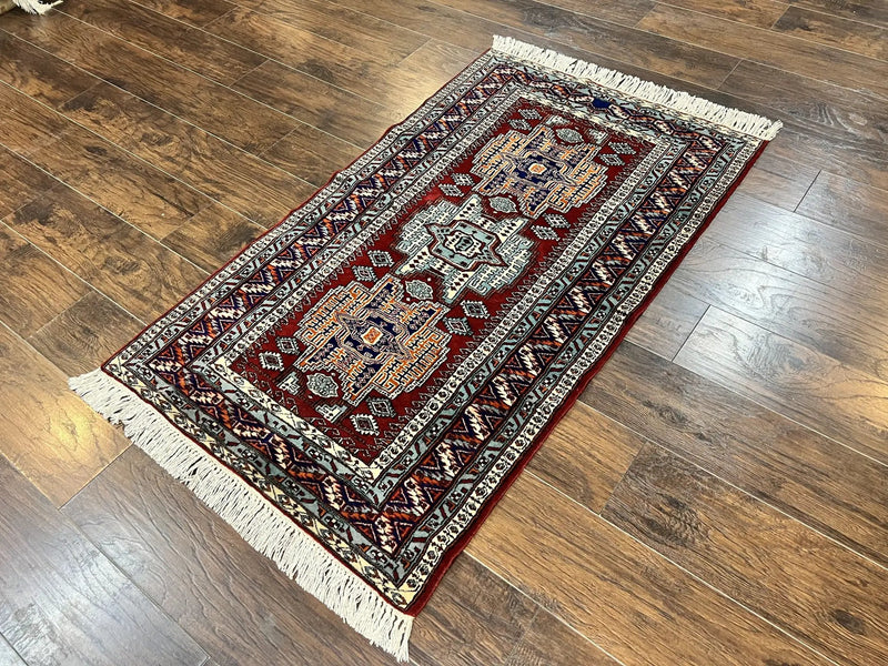Pakistani Rug 3x5 ft, Caucasian Kazak Design, Geometric Rug, Small Vintage Oriental Carpet, Dark Red Vintage Handmade Wool Rug 3 x 5 by Jewel Rugs