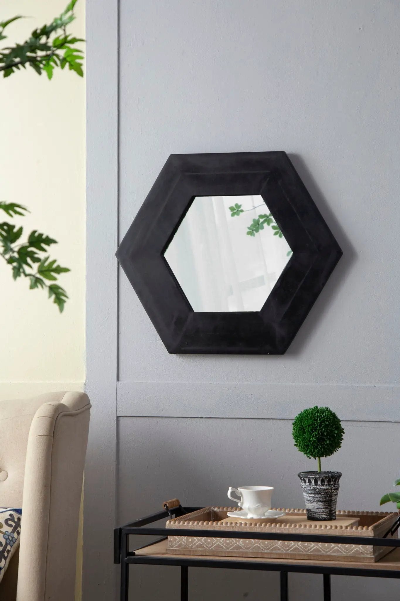 Hexagon Mirror With Natural Wood Frame, Wall Decor For Living Room Bathroom Hallway by Unique Piece Furniture