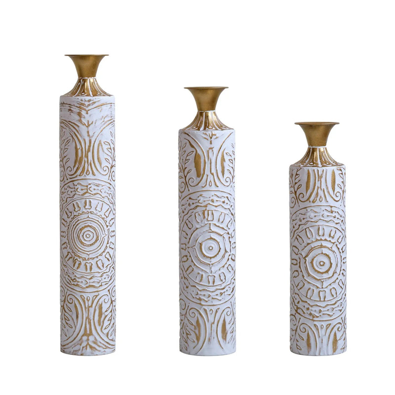 Floor Metal Vases Decorated Metal Vases (Set of 3) Gorgeous Home Decoration Large Glazed Metal Vases - White / Gold by Unique Piece Furniture