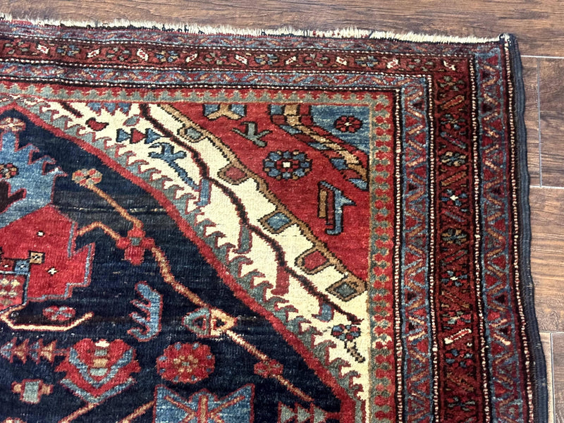Antique Persian Bidjar Rug 5x6, Navy Blue and Red, Persian Tribal Rug by Jewel Rugs