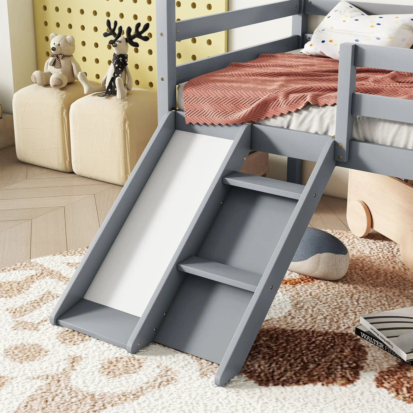 Low Loft House Bed With Slide, Ladder, Safety Guardrails, House Roof Frame by Unique Piece Furniture