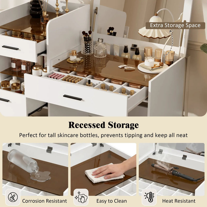 3-in-1 Vanity Desk with Flip Top Mirror, Glass Top Compact Makeup Vanity & Hidden Storage by HouseOfZazla