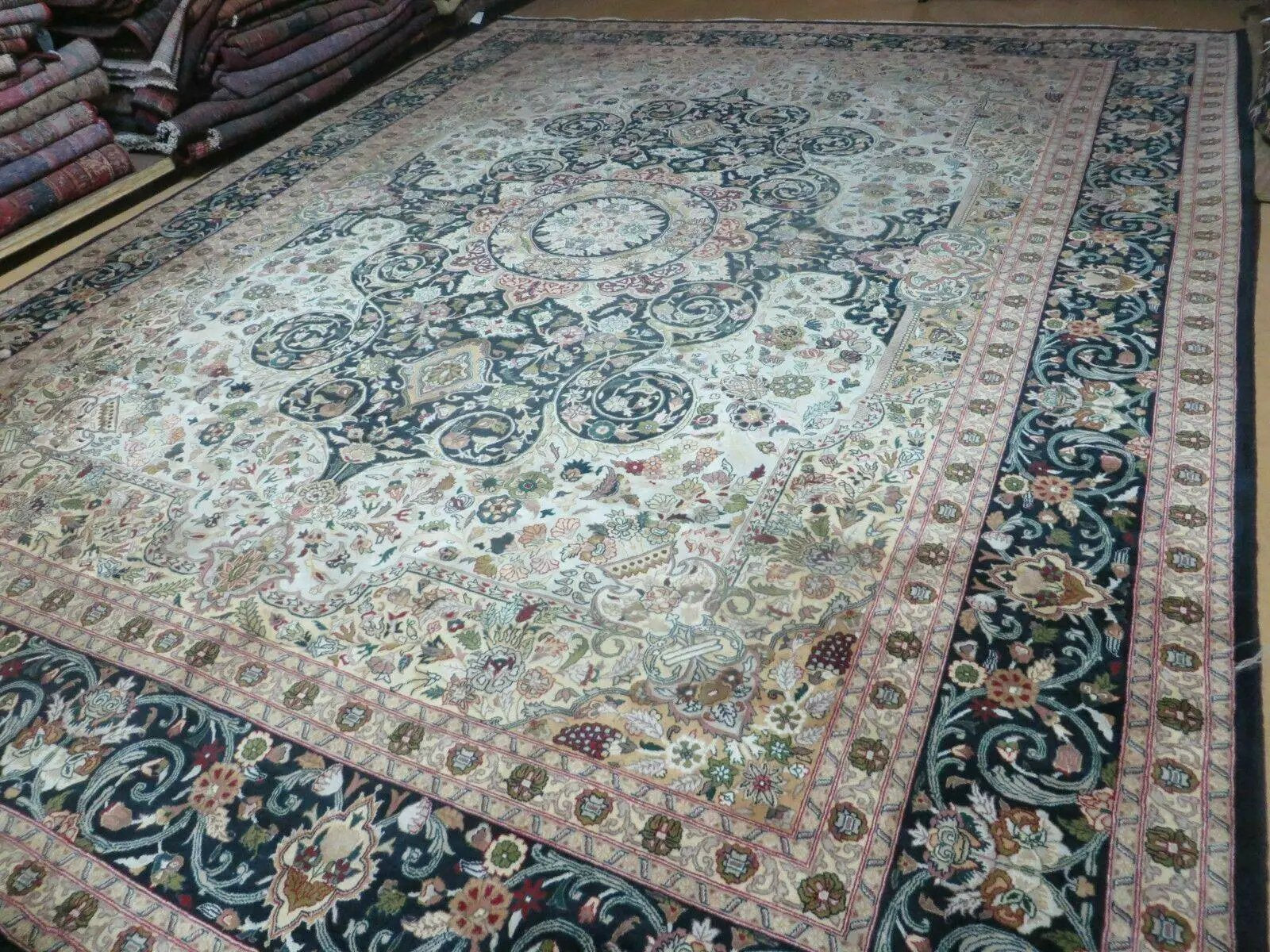 Beautiful Sino Persian Rug 9x12, Elegant High Quality Handmade Wool Oriental Carpet, Medallion with Corner Design, Floral, Black and Ivory by Jewel Rugs