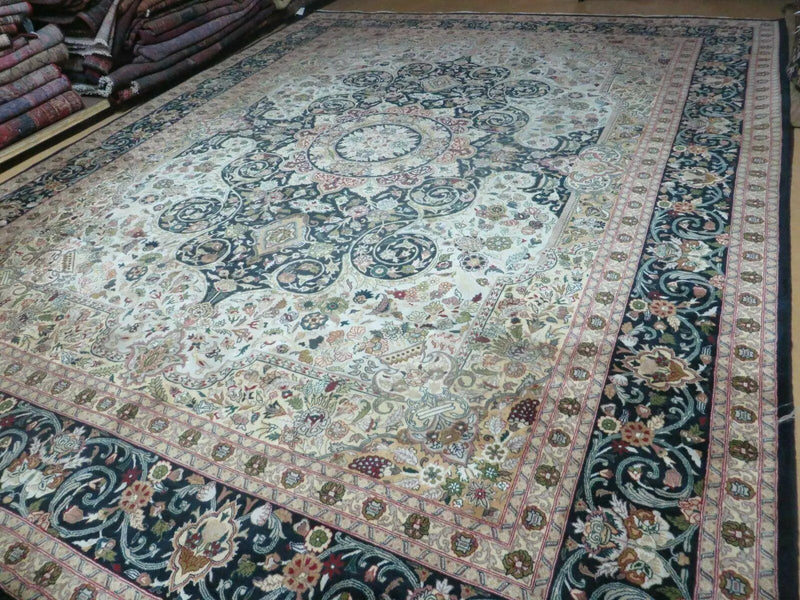 Beautiful Sino Persian Rug 9x12, Elegant High Quality Handmade Wool Oriental Carpet, Medallion with Corner Design, Floral, Black and Ivory by Jewel Rugs