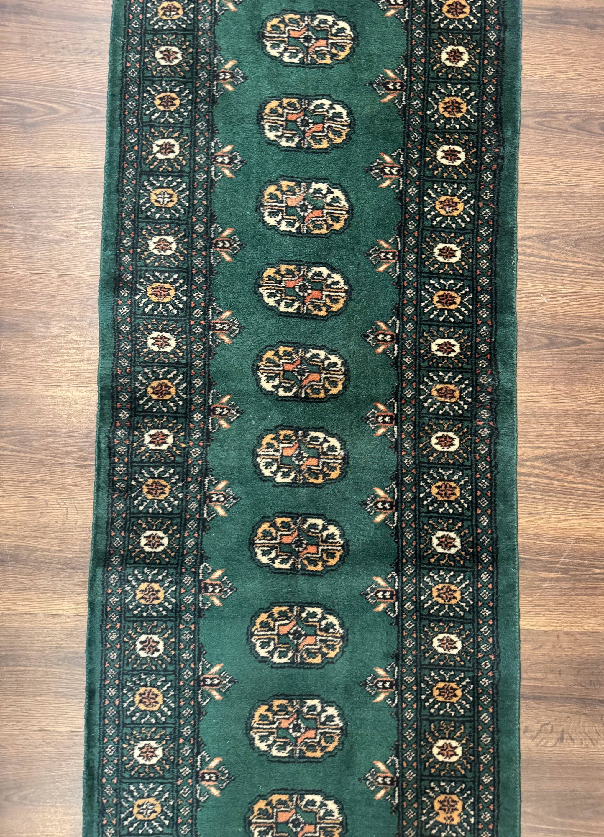 Pakistani Bokhara Runner Rug 2.5 x 11, Green Turkoman Wool Runner for Hallway by Jewel Rugs