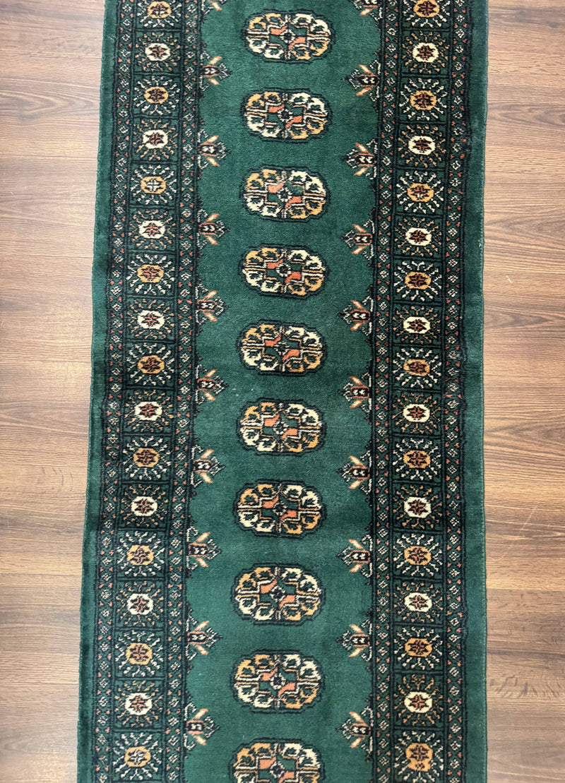 Pakistani Bokhara Runner Rug 2.5 x 11, Green Turkoman Wool Runner for Hallway by Jewel Rugs
