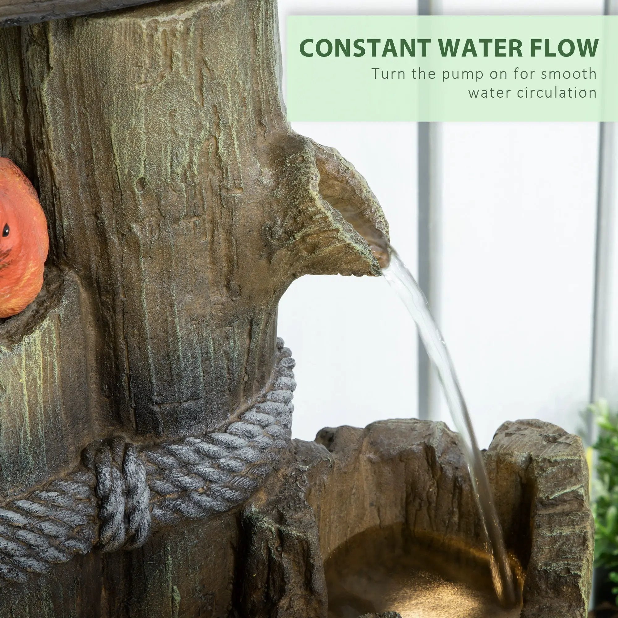 Outsunny - Outdoor Fountain With Birdhouse, Cascading Garden Waterfall Bird Bath With 3 Tier Rustic Tree Trunk / Log Design, LED Lights For Porch, Deck, Yard Decor - Brown by Unique Piece Furniture