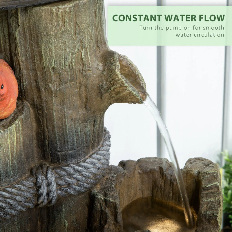 Outsunny - Outdoor Fountain With Birdhouse, Cascading Garden Waterfall Bird Bath With 3 Tier Rustic Tree Trunk / Log Design, LED Lights For Porch, Deck, Yard Decor - Brown by HouseOfZazla