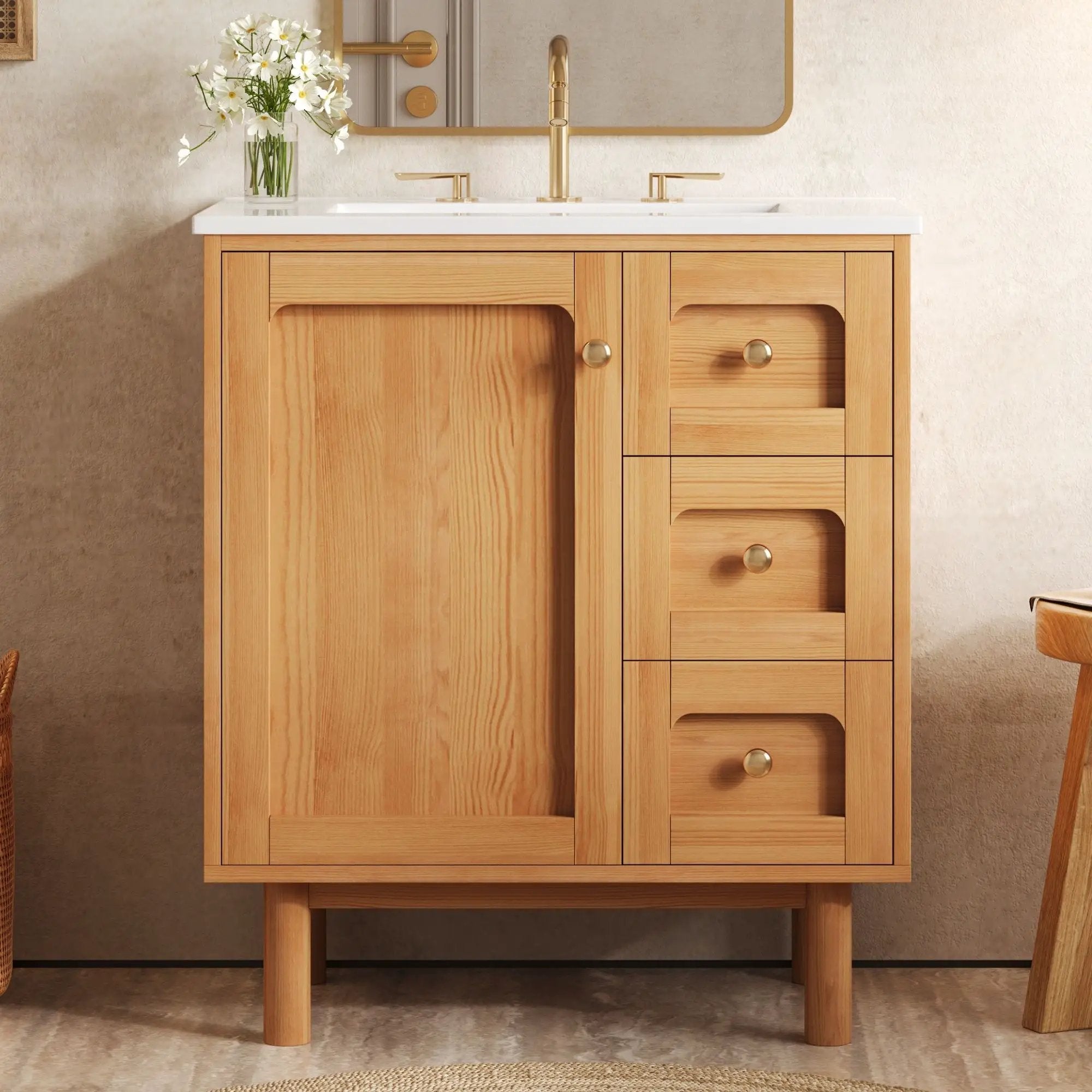 Bathroom Vanity With Sink, 3 Drawers, Soft Close Door - Natural Wood by HouseOfZazla