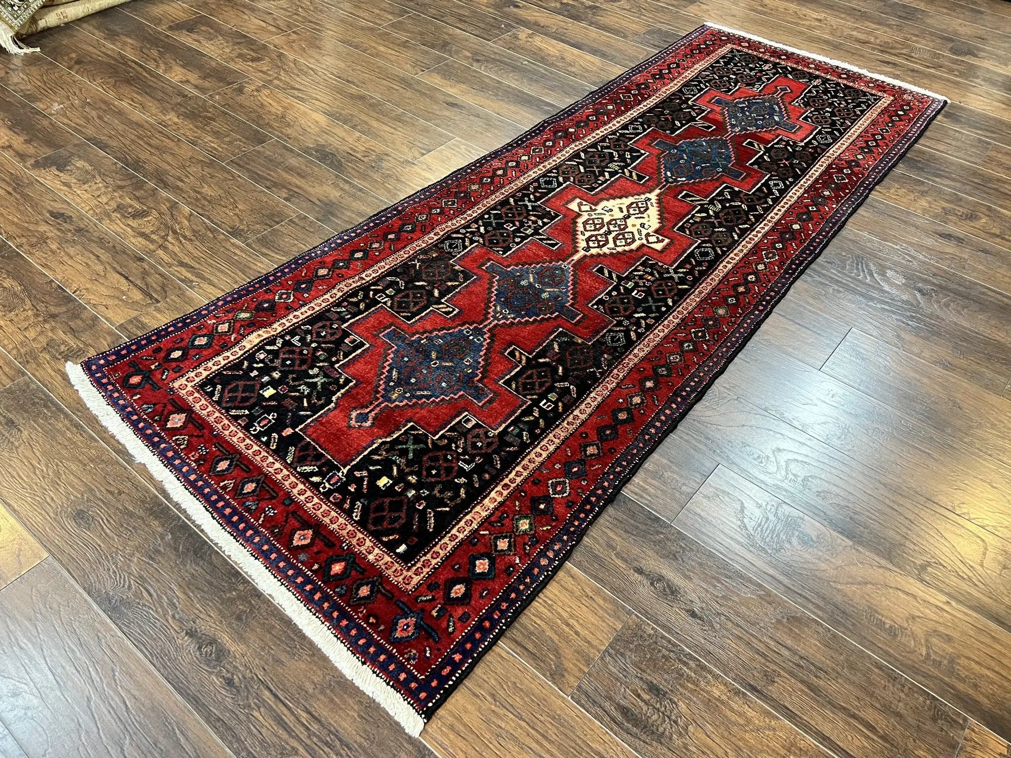 Persian Kurdish Senneh Runner Rug 3x9, Red Navy Blue, Medallions Wool Tribal Runner for Kitchen/Hallway 9ft Antique Handmade Oriental Runner by Jewel Rugs