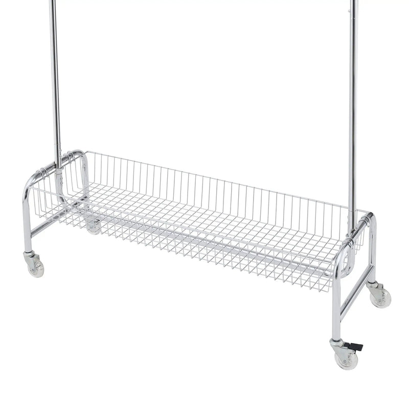 Heavy Duty Iron Garment Rack With Basket On Wheels - Silver by Unique Piece Furniture