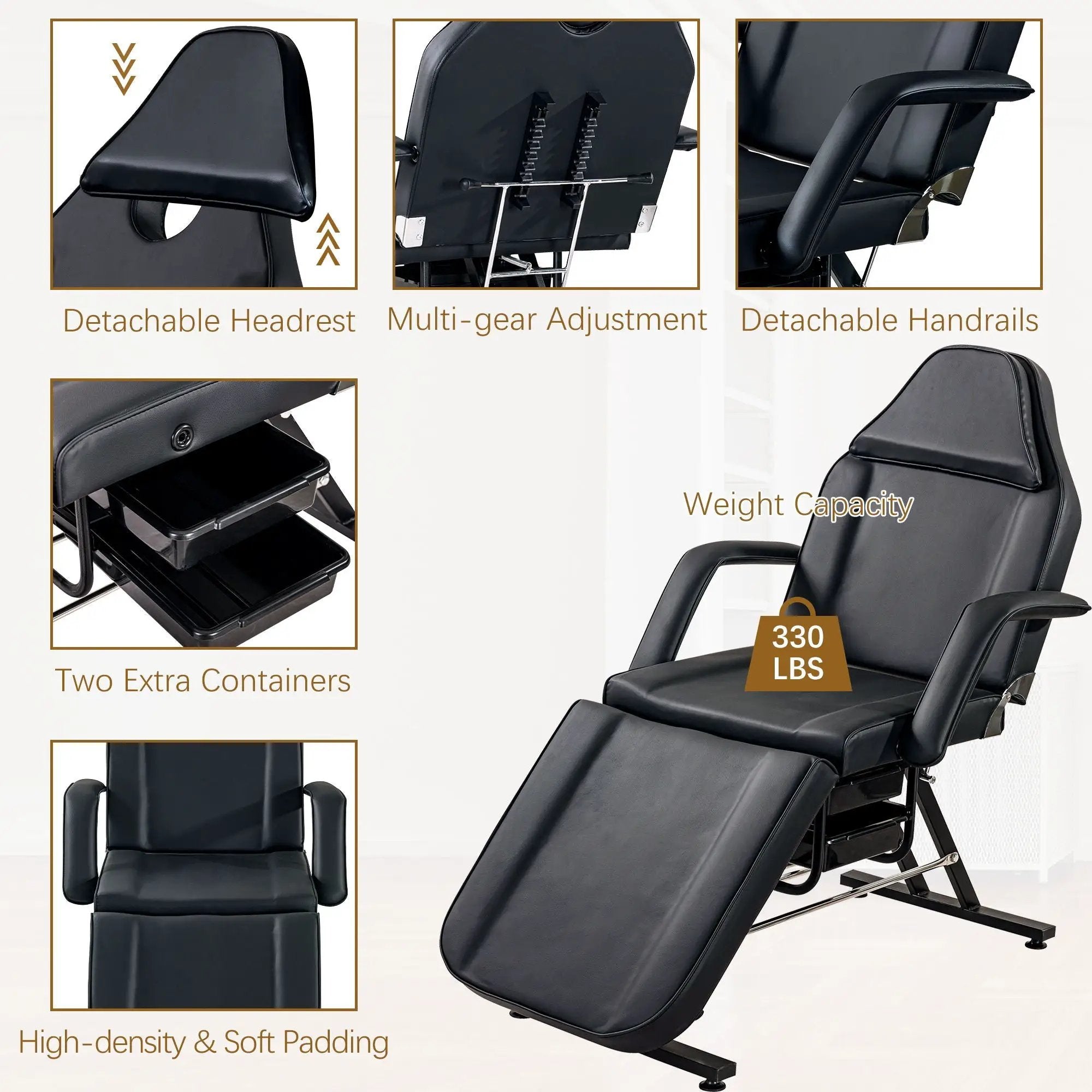 72.8" Massage Salon Tattoo Chair With Two Trays Esthetician Bed With Hydraulic Stool, Multi-Purpose 3-Section Facial Bed Table, Adjustable Beauty Barber Spa Beauty Equipment by HouseOfZazla