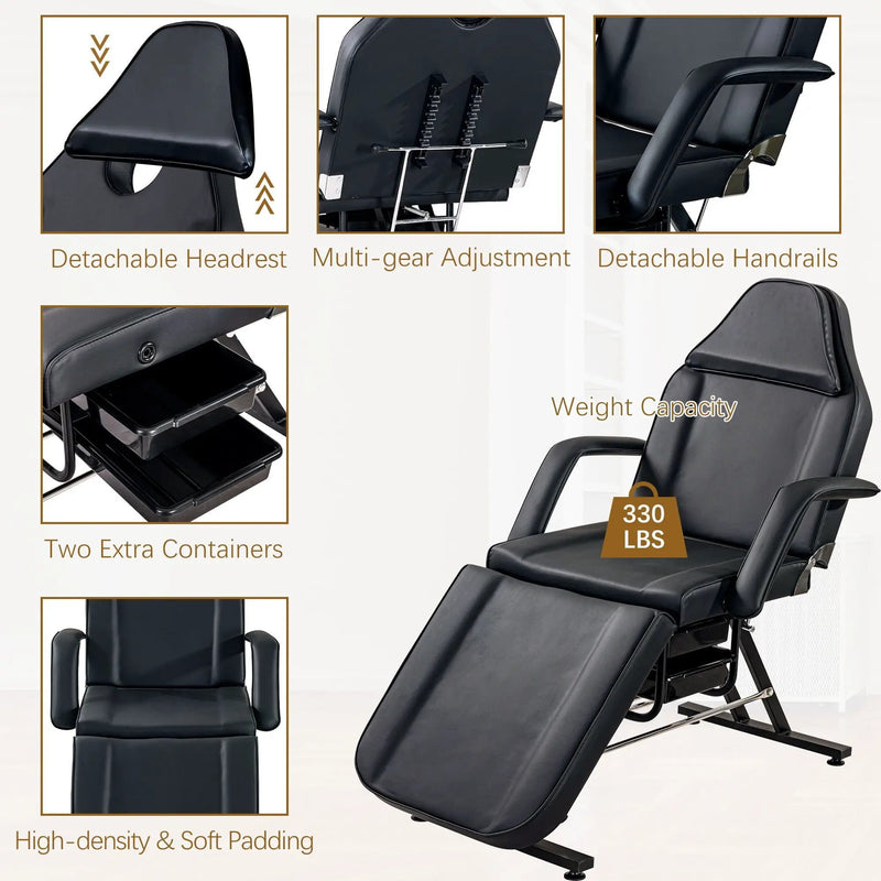 72.8" Massage Salon Tattoo Chair With Two Trays Esthetician Bed With Hydraulic Stool, Multi-Purpose 3-Section Facial Bed Table, Adjustable Beauty Barber Spa Beauty Equipment by HouseOfZazla