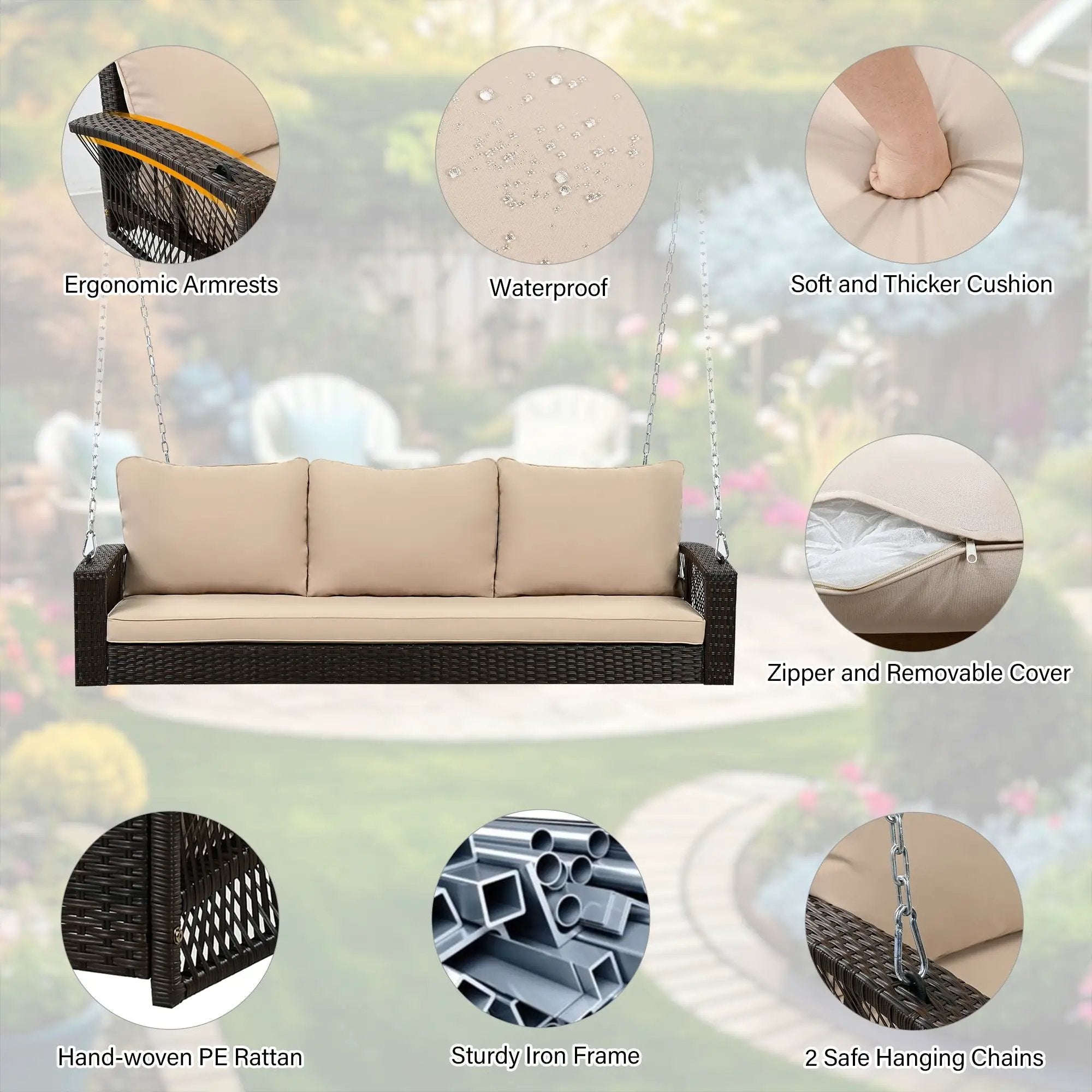 3 Person Large Patio Swing Bench With Cushions For Backyard by HouseOfZazla