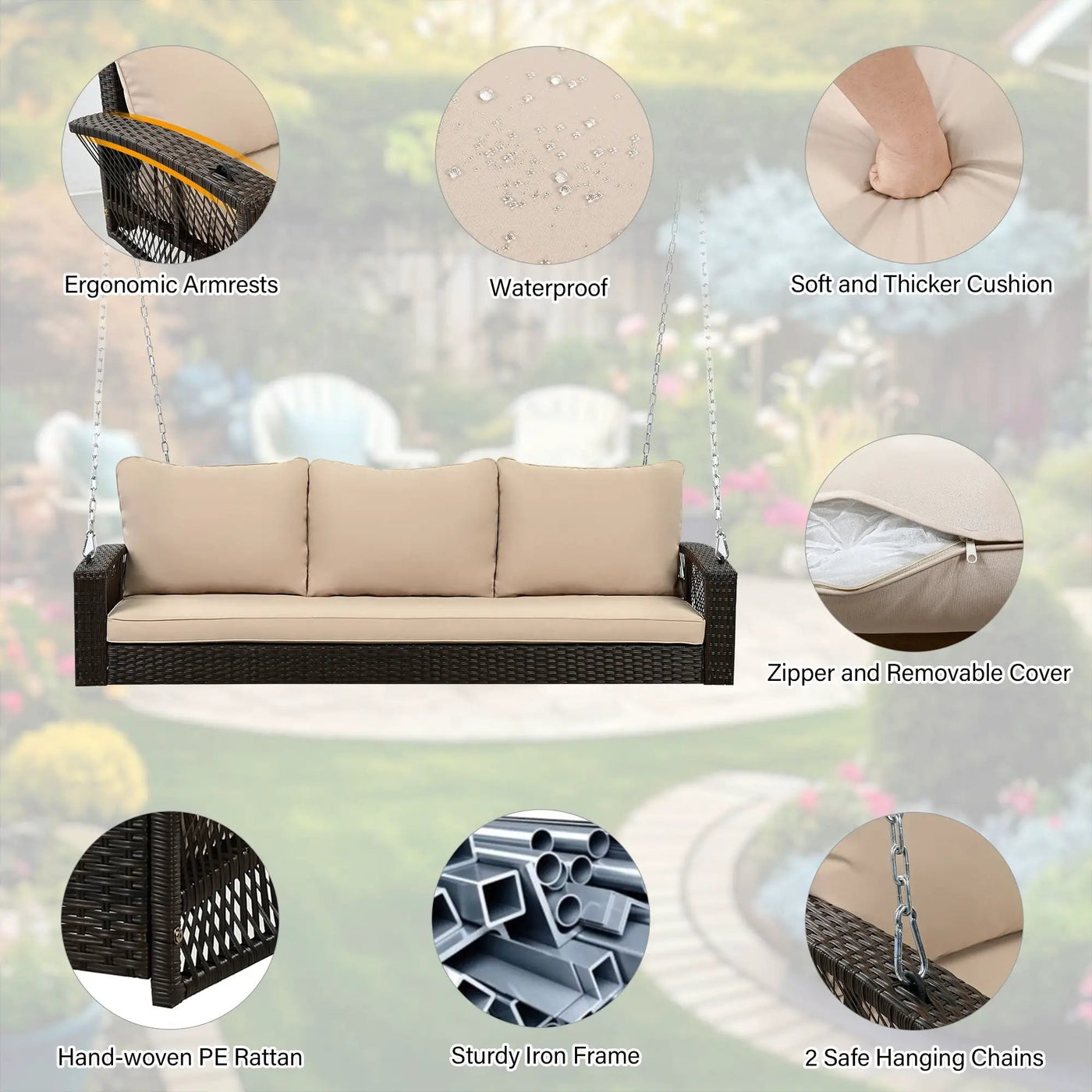 3 Person Large Patio Swing Bench With Cushions For Backyard by Unique Piece Furniture