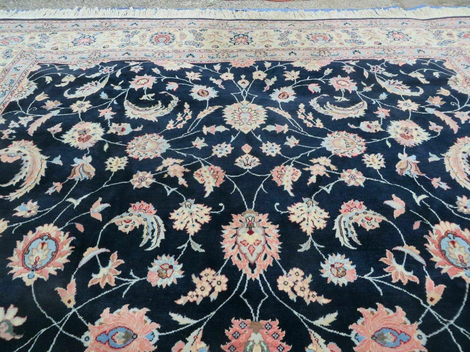 Large Indo Persian Rug 10x14, Wool Hand-Knotted Carpet, Navy Blue Ivory by Jewel Rugs