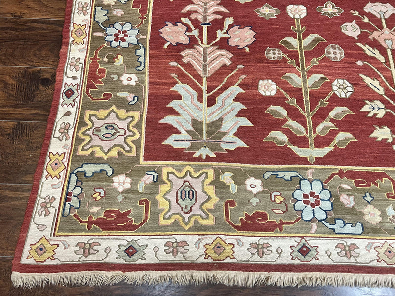 Indian Rug 10x14, Wool Hand Knotted Flatweave Carpet, Tree of Life, Red and Green by Jewel Rugs