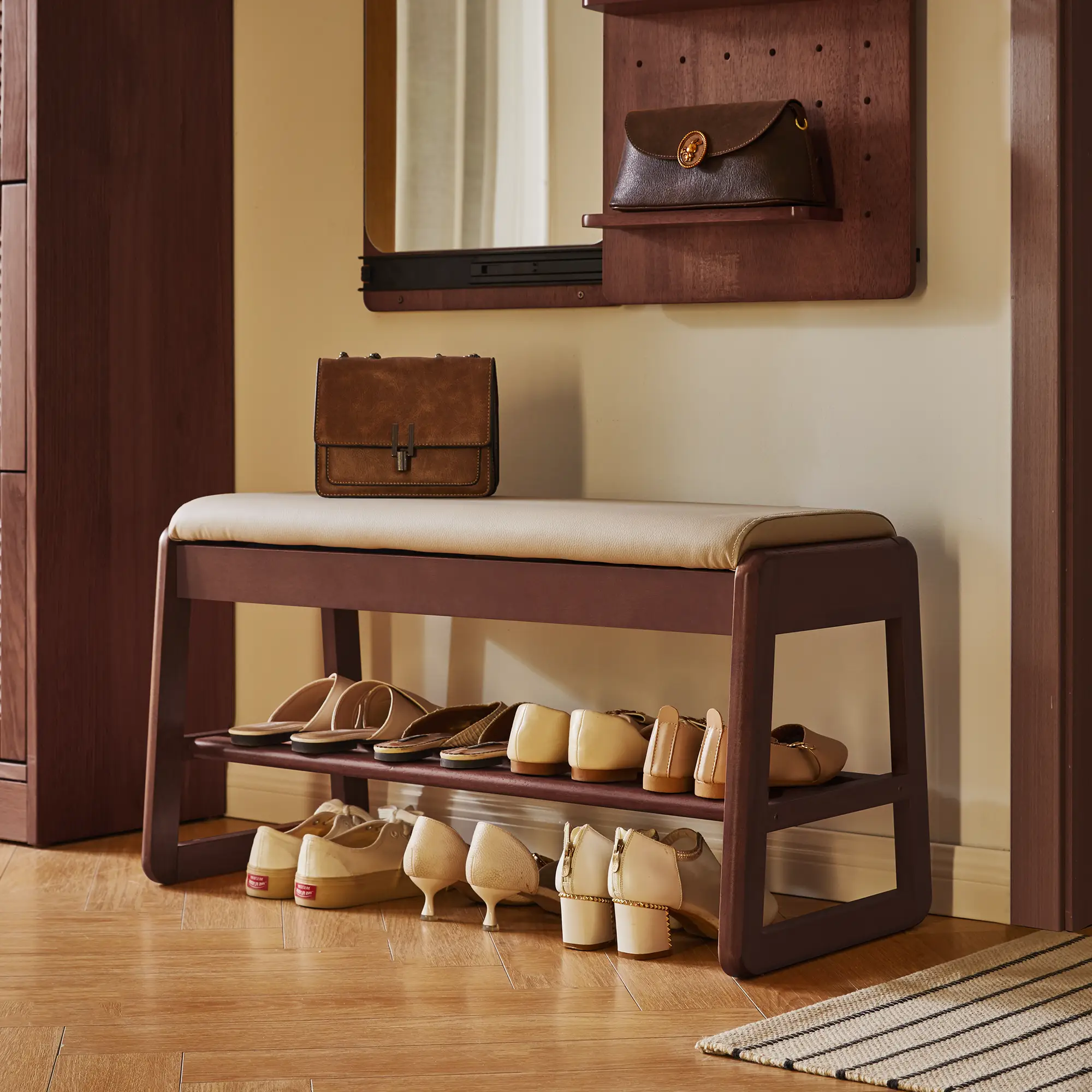 Wood Shoe Storage Bench with Premium Vegan Leather Seat by HouseOfZazla