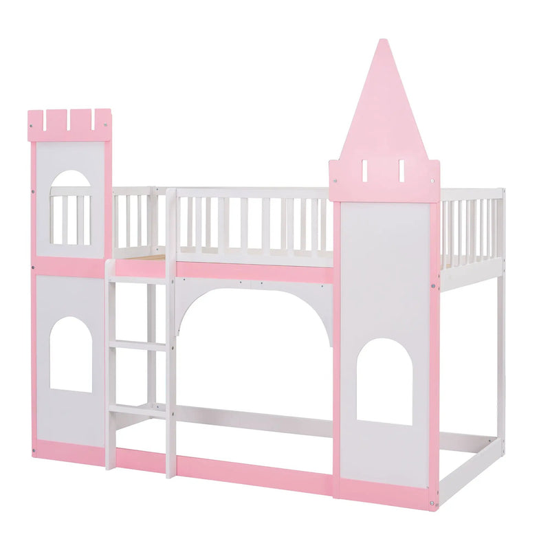 Twin Over Twin Castle Bunk Bed With Ladder - Pink by HouseOfZazla