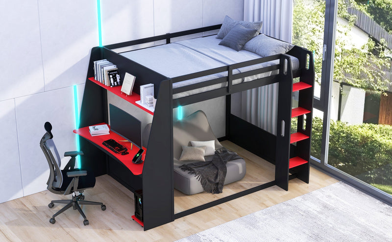 Full Size Wooden Gaming Bunk Bed with Desk, Two Storage Shelves, USB and LED Light by HouseOfZazla