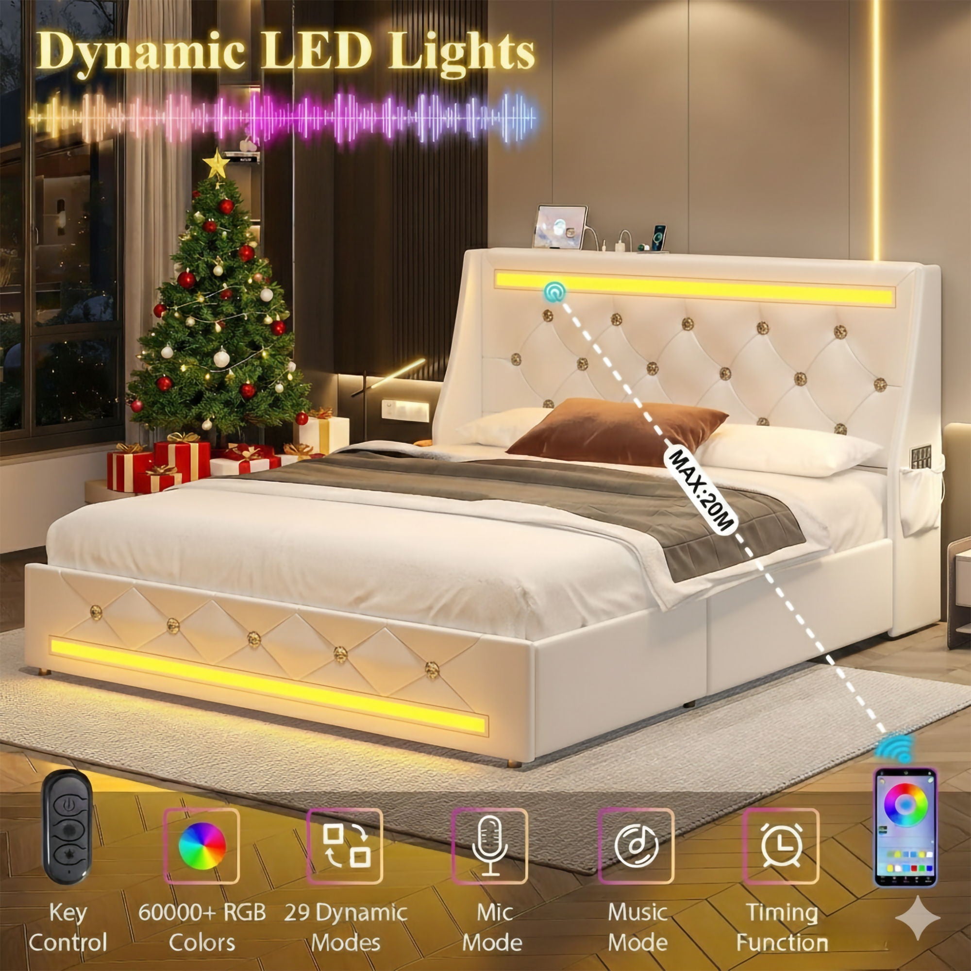 Wingback Upholstered Bed Frame With LED Lights, Charging Station by HouseOfZazla