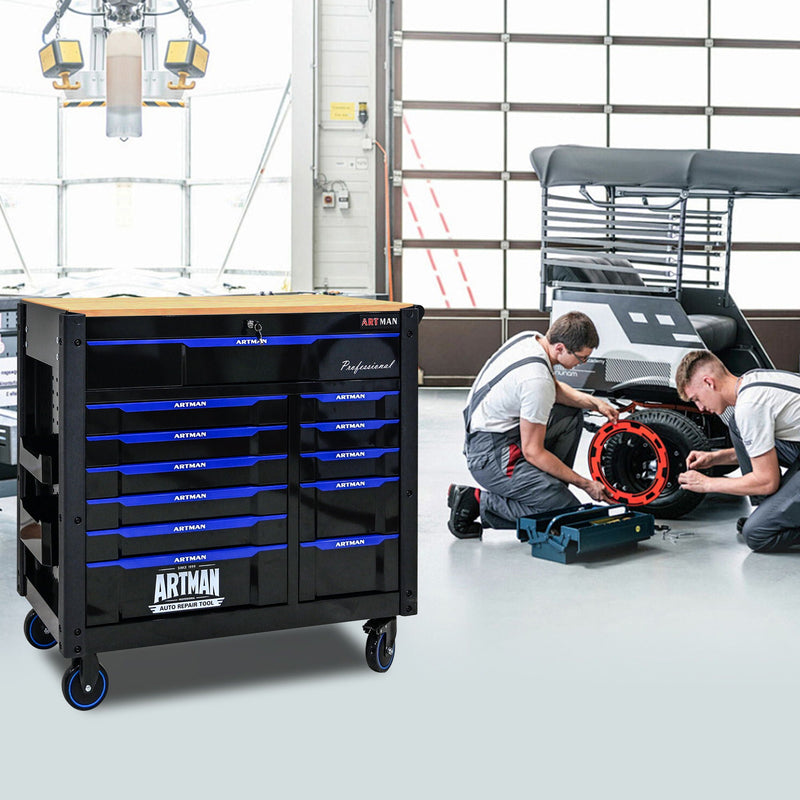 12 Layer Drawer Multi Purpose Tool Cart With Wheels And Wooden Countertops - Black / Blue by HouseOfZazla