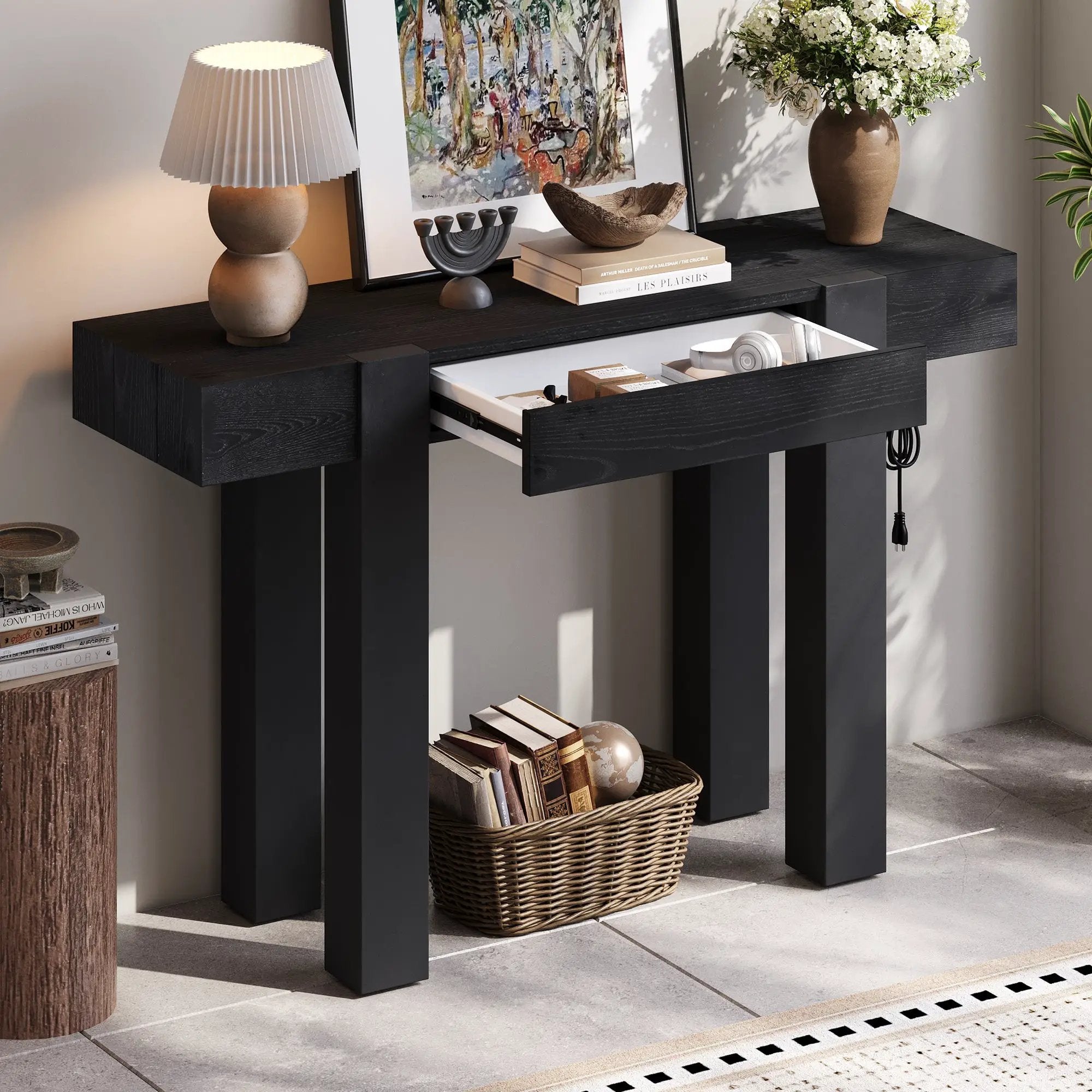 TREXM Rustic Minimalist Console Table with Hidden Drawer, Side Power Outlet by HouseOfZazla