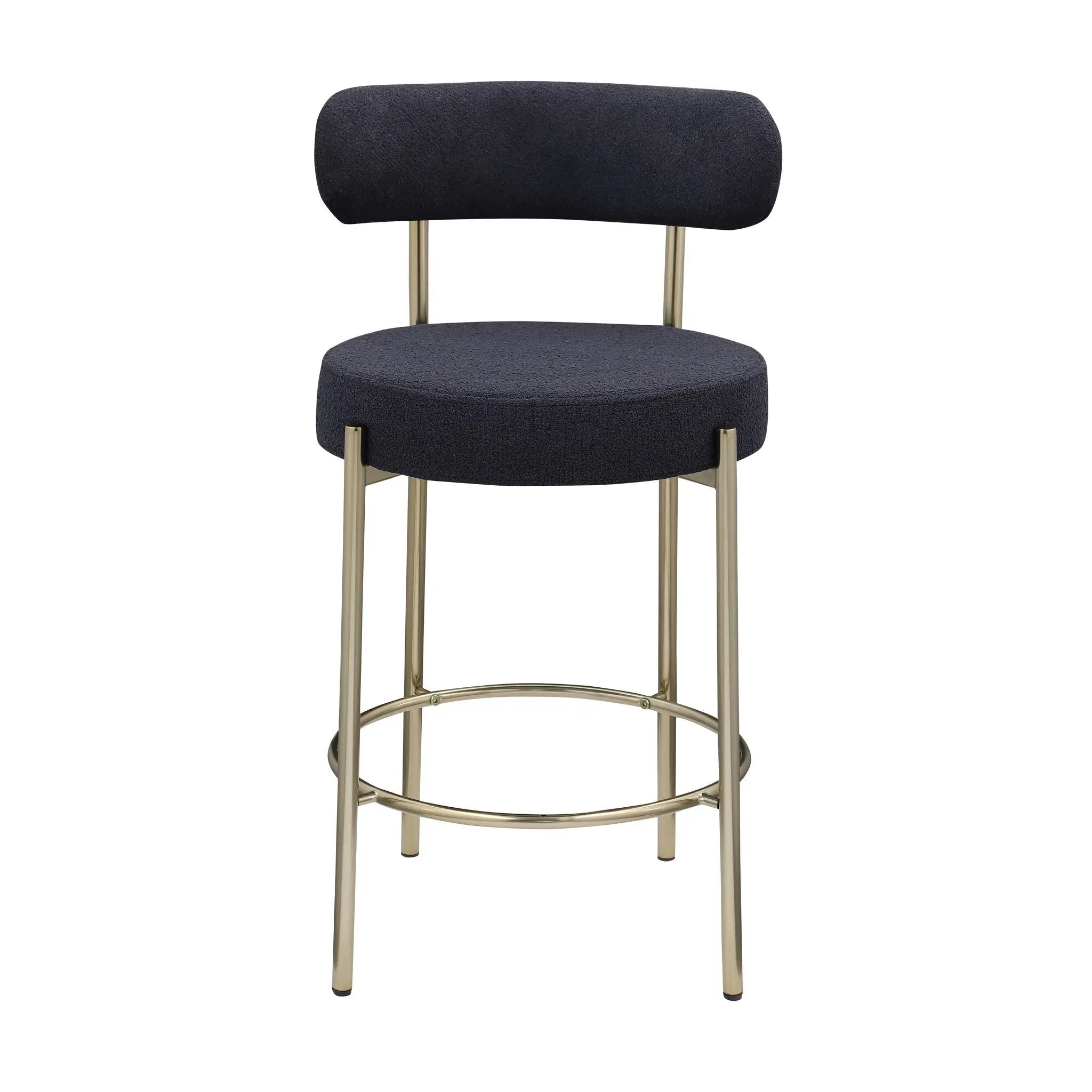 Modern Sherpa Counter Height Stools, Uphsoltered Seat Height Barstools With Brushed Brass Metal Legs Round Low Back Kitchen Stools With Footrest For Dining Room (Set of 2) by Unique Piece Furniture