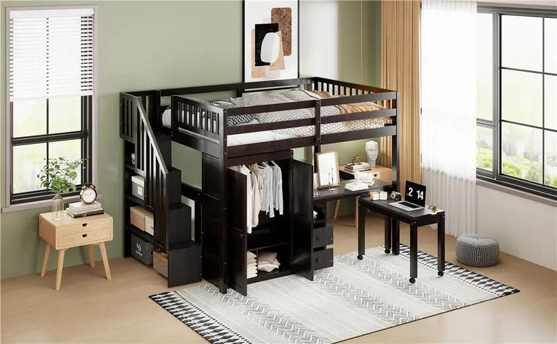 Loft Bed With Stairs, Bookshelf, Drawers, Desk & Wardrobe, Space Saving Multifunctional Furniture by HouseOfZazla